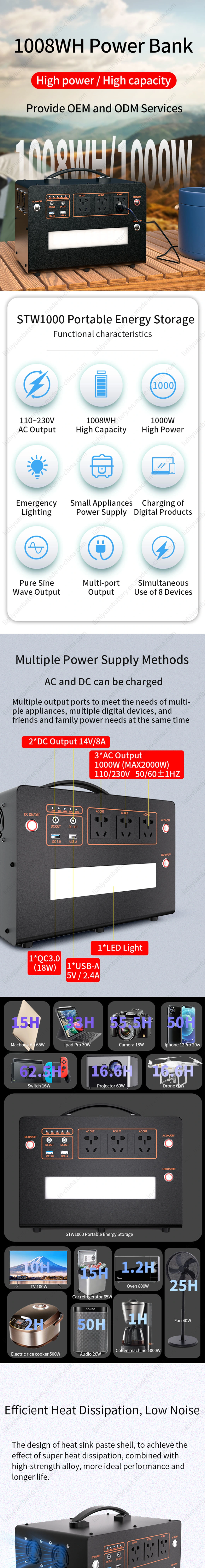 Portable Power Station Lithium Ion Battery 1000W LiFePO4 Pure Sine Wave Campingsolar Generator Emergency Bank